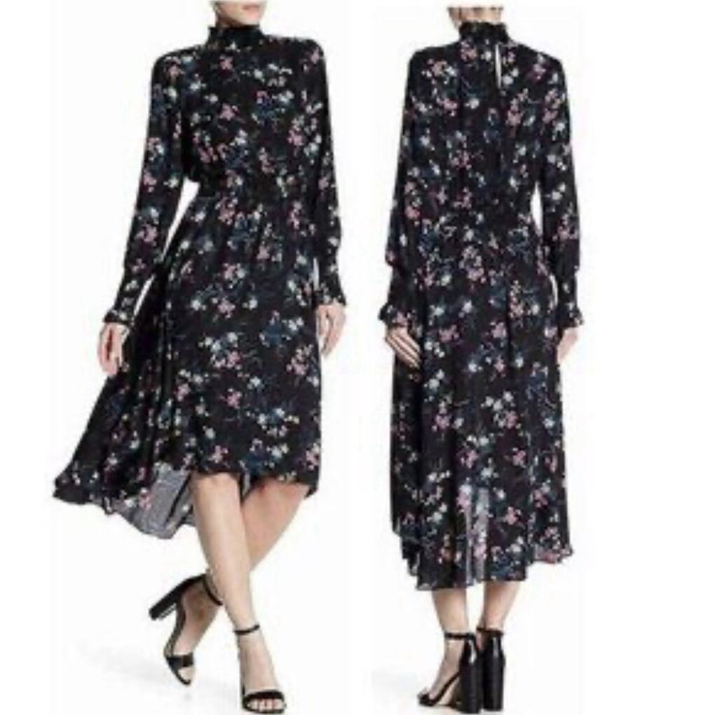Nanette Lepore Women’s 14 NWT Floral High Low Midi Dress Smocked Mock Neck Black